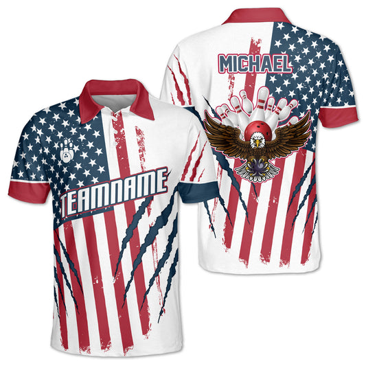 Custom American Eagle Flag Bowling Polo Shirt For Men, Custom Red White And Blue American Flag Bowling Shirts BZ0098