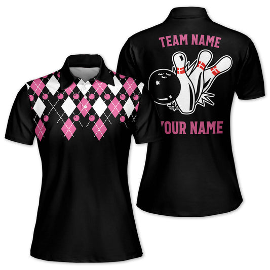 Custom Bowling Shirt Women's, Custom Black And Pink Team Bowling Polo Shirt For Women, Custom Argyle Bowling Team Shirts Womens BZ0121