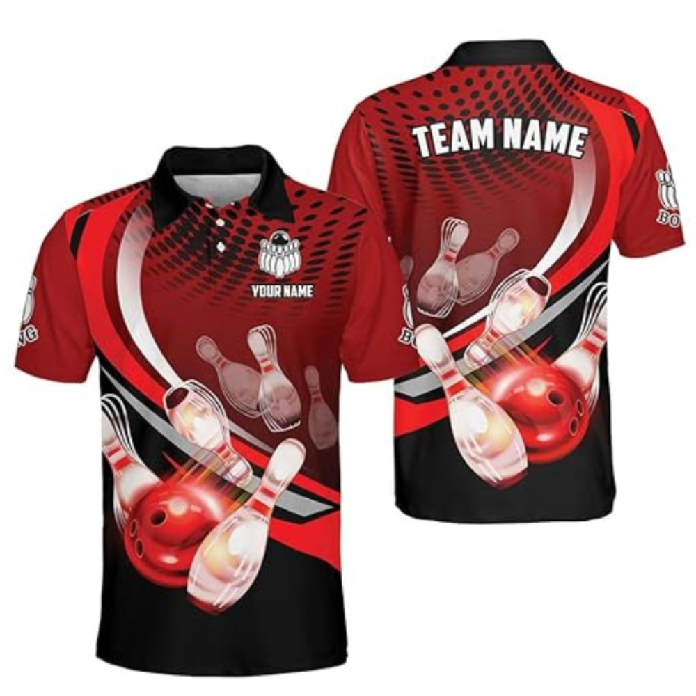 Custom Black and Red Team Bowling Polo Shirt For Men, Custom Bowling Shirt BZ0125