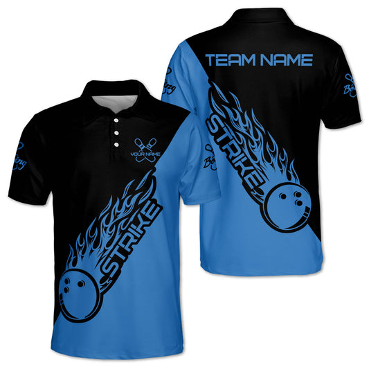 Custom Blue Flame Ball Bowling Polo Shirt For Men, Custom Flame Bowling Team Shirts BM0304