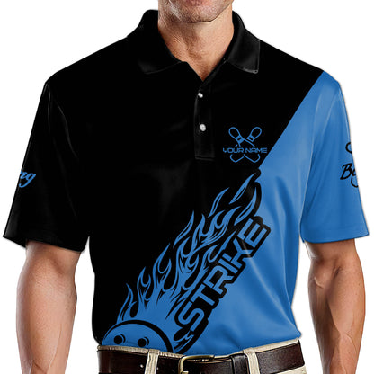 Custom Blue Flame Ball Bowling Polo Shirt For Men, Custom Flame Bowling Team Shirts BM0304