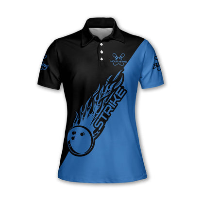 Custom Ladies Bowling Shirts, Custom Blue Flame Ball Bowling Polo Shirt For Women, Custom Women Bowling Team Shirts BW0152