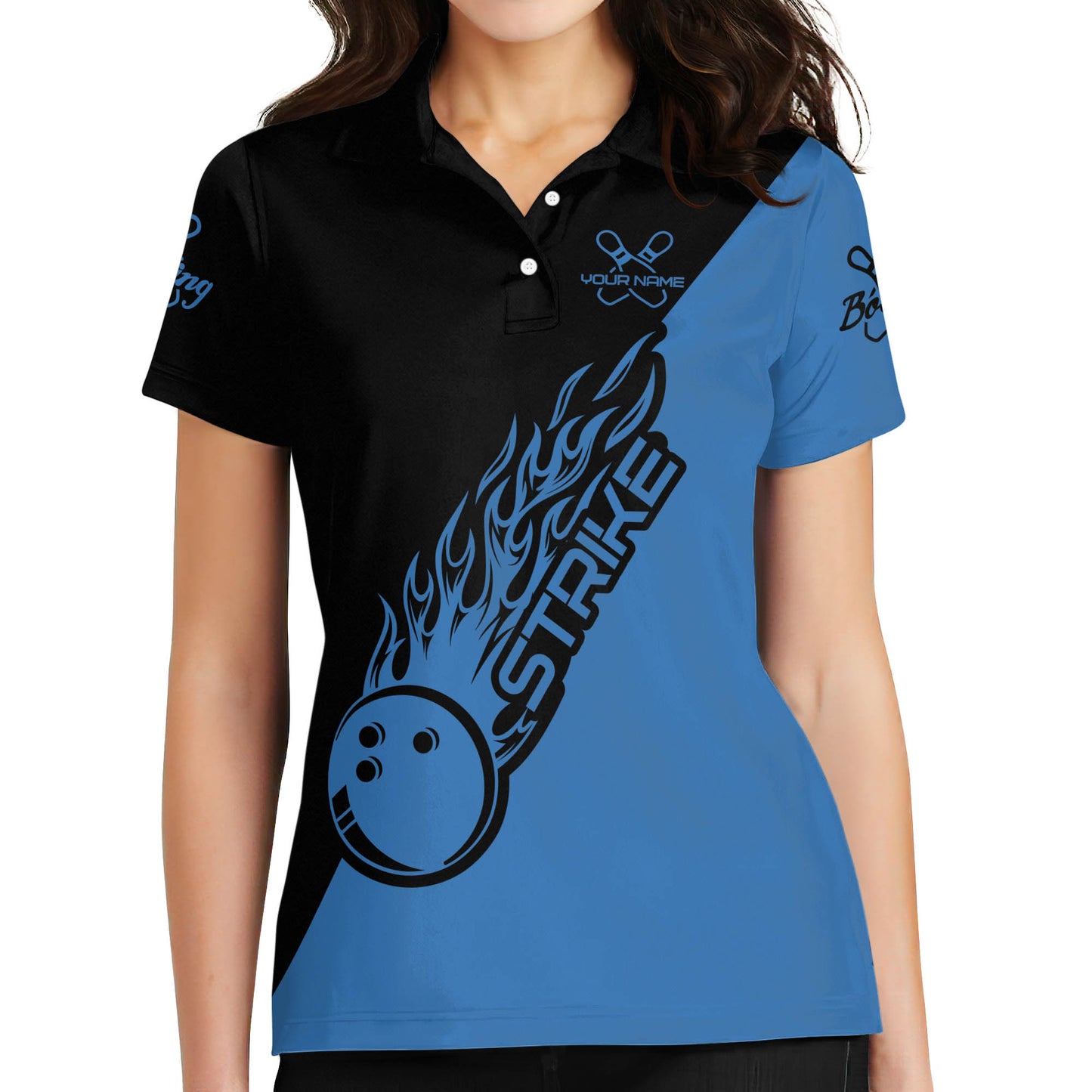 Custom Ladies Bowling Shirts, Custom Blue Flame Ball Bowling Polo Shirt For Women, Custom Women Bowling Team Shirts BW0152