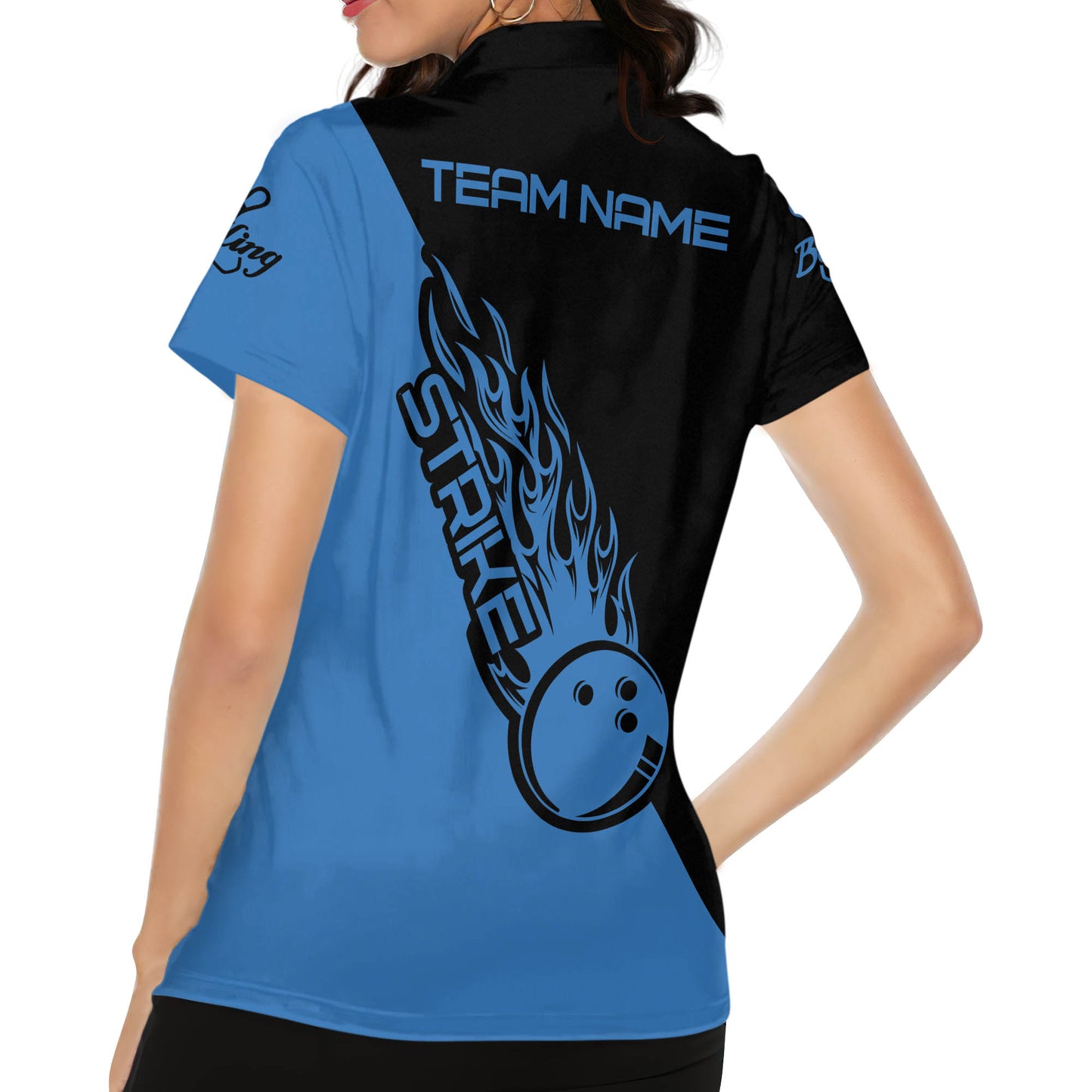 Custom Ladies Bowling Shirts, Custom Blue Flame Ball Bowling Polo Shirt For Women, Custom Women Bowling Team Shirts BW0152