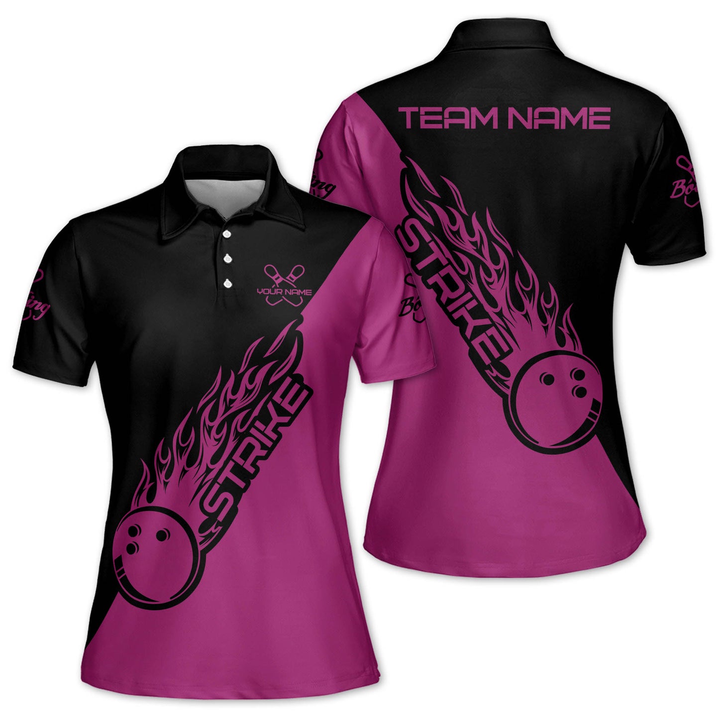 Custom Ladies Bowling Shirts, Custom Blue Flame Ball Bowling Polo Shirt For Women, Custom Women Bowling Team Shirts BW0152