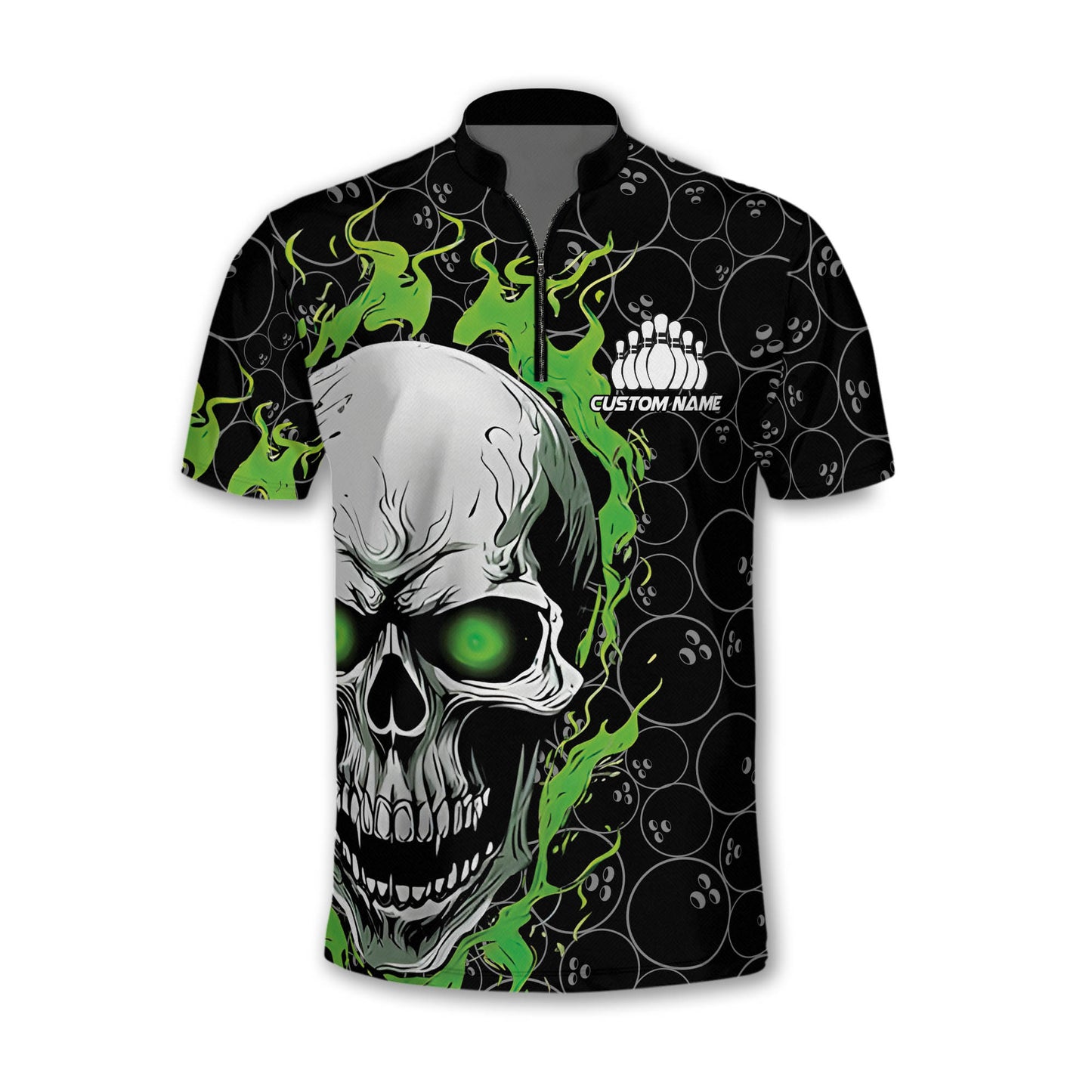 Custom Skull Bowling Jersey Shirt For Men, Custom Green Flame Skull Bowling Team Shirts BZ0144