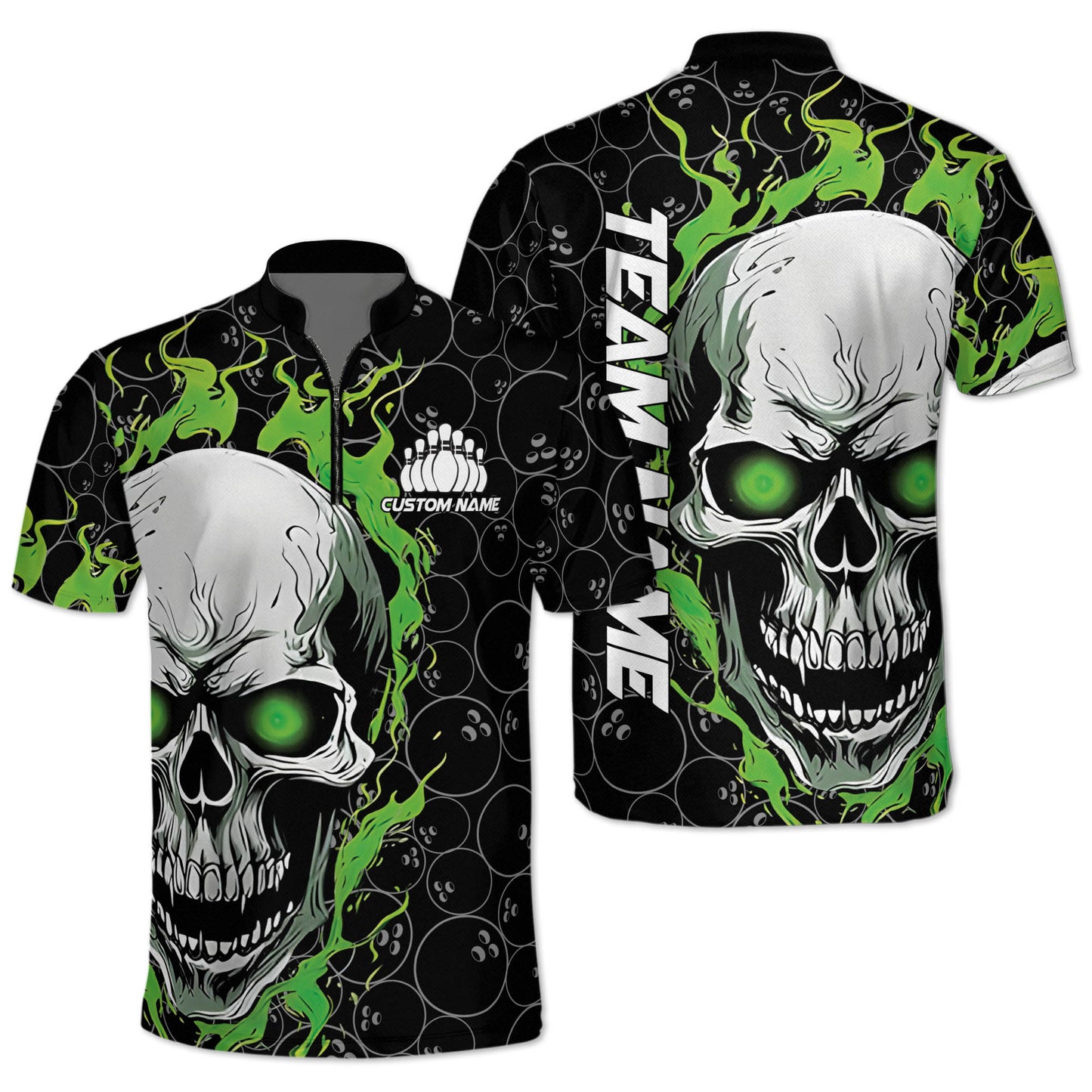 Custom Skull Bowling Jersey Shirt For Men, Custom Green Flame Skull Bowling Team Shirts BZ0144