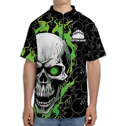 Custom Skull Bowling Jersey Shirt For Men, Custom Green Flame Skull Bowling Team Shirts BZ0144