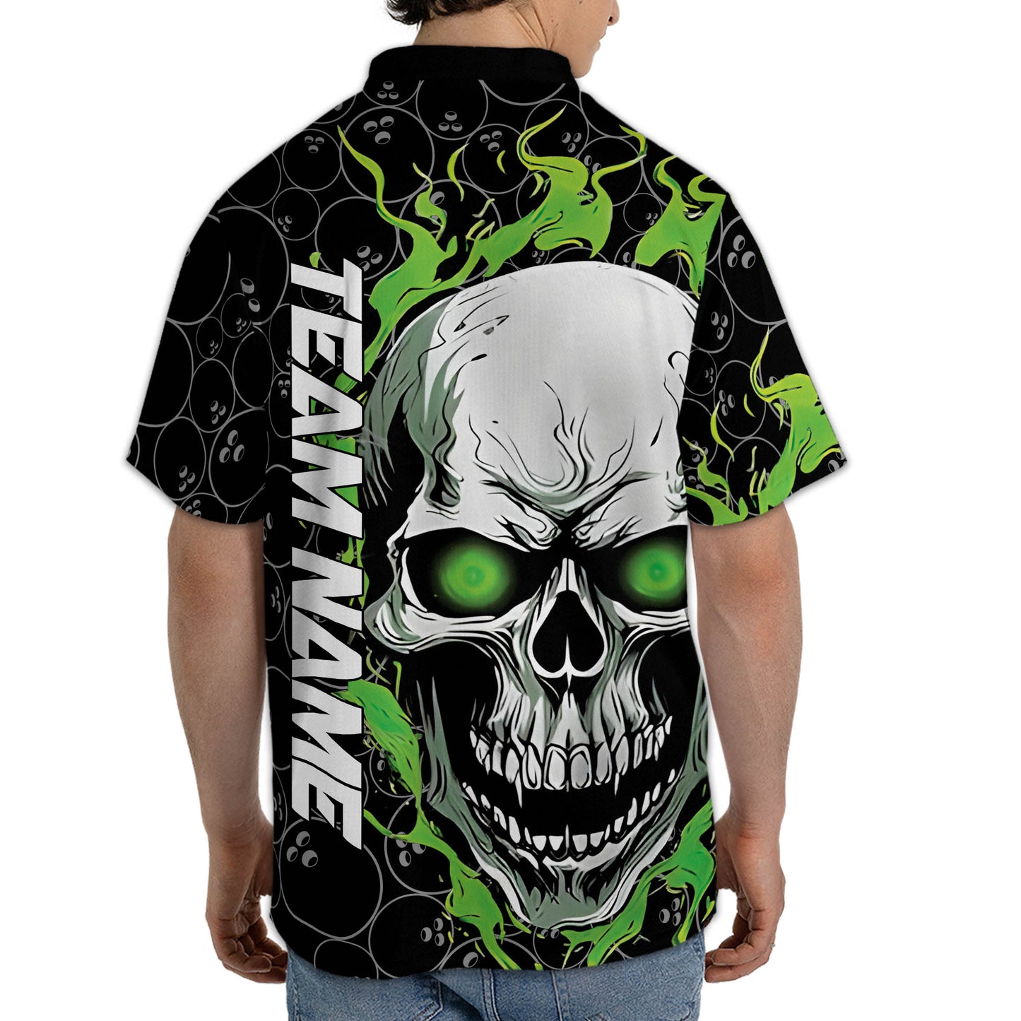 Custom Skull Bowling Jersey Shirt For Men, Custom Green Flame Skull Bowling Team Shirts BZ0144