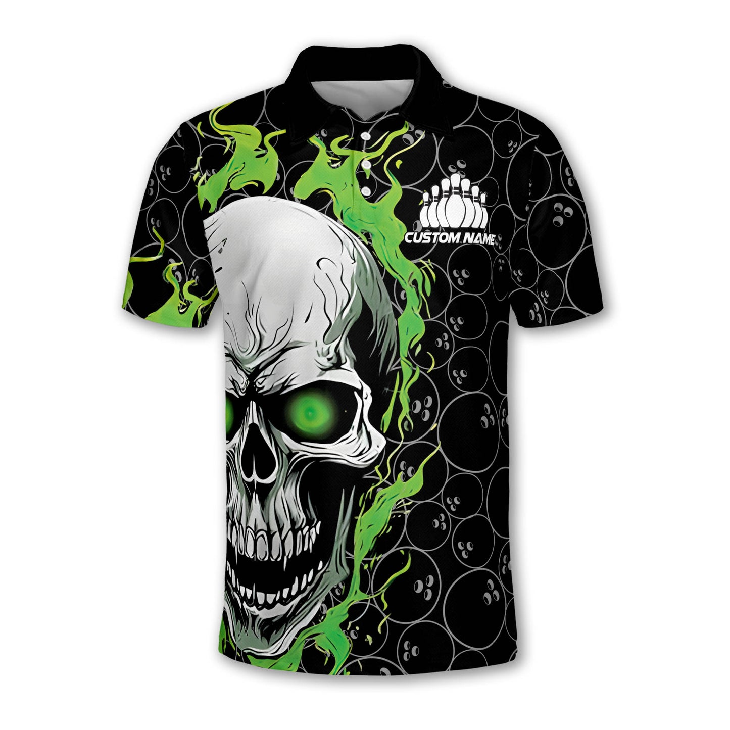 Custom Skull Bowling Polo Shirt For Men, Custom Green Flame Skull Bowling Team Shirts BZ0206