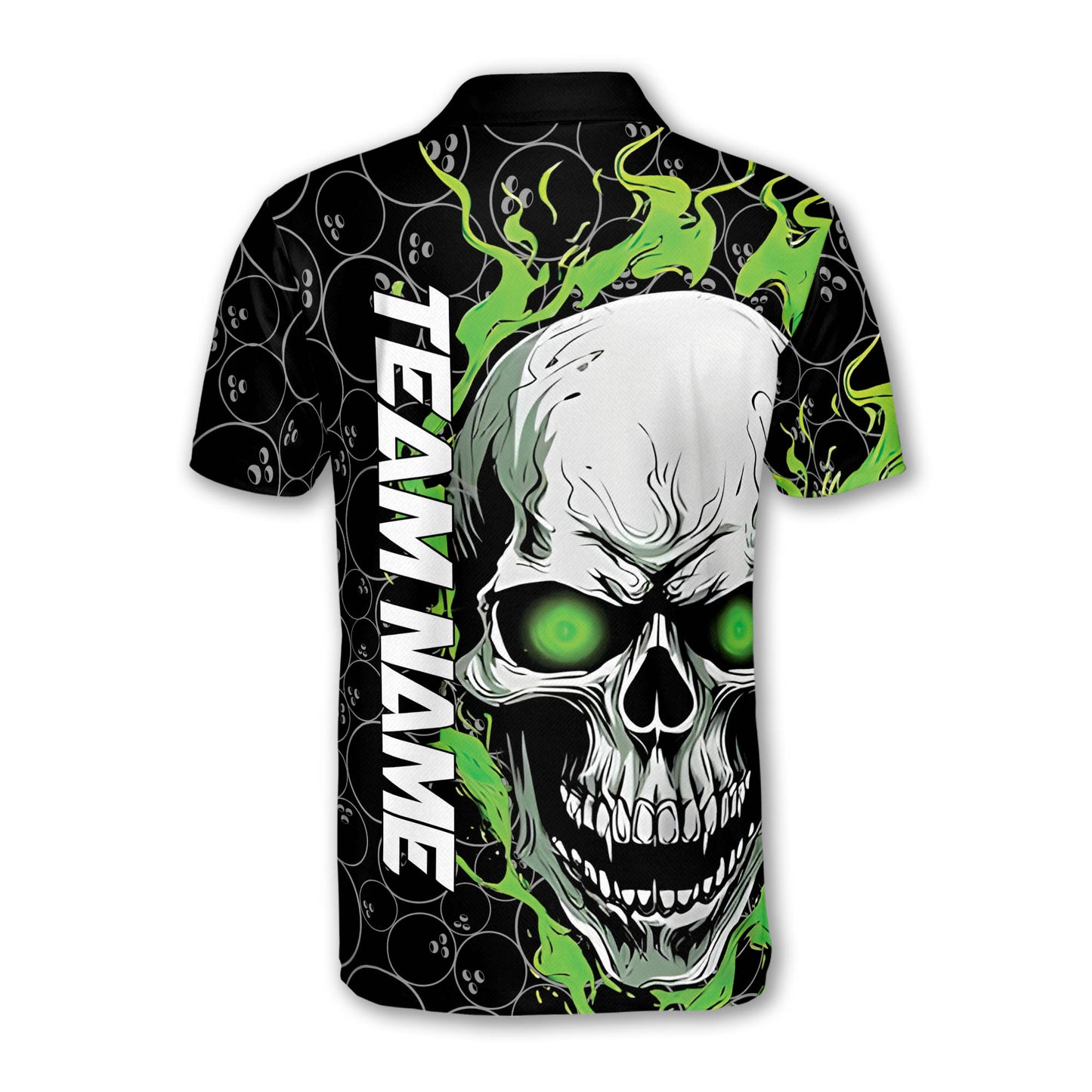 Custom Skull Bowling Polo Shirt For Men, Custom Green Flame Skull Bowling Team Shirts BZ0206