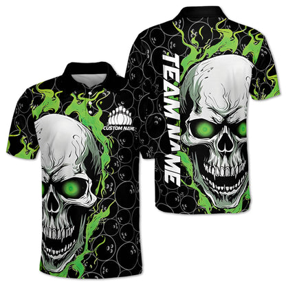 Custom Skull Bowling Polo Shirt For Men, Custom Green Flame Skull Bowling Team Shirts BZ0206