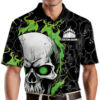 Custom Skull Bowling Polo Shirt For Men, Custom Green Flame Skull Bowling Team Shirts BZ0206