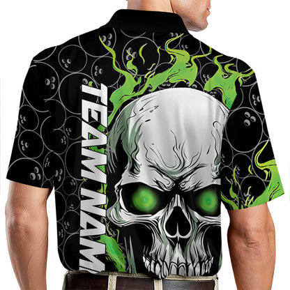 Custom Skull Bowling Polo Shirt For Men, Custom Green Flame Skull Bowling Team Shirts BZ0206