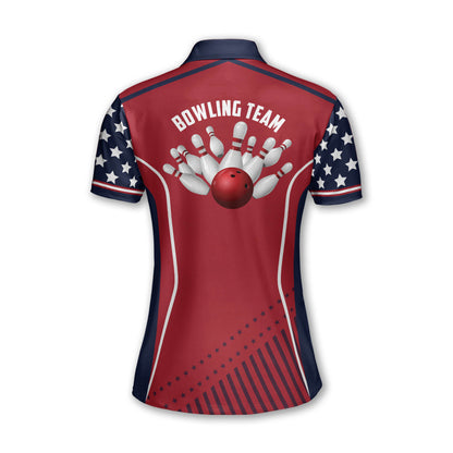 Custom Women's Bowling Shirt, Custom Women Bowling Team Shirts, Custom Red White And Blue Patriotic Bowling Polo Shirts For Women BZ0146