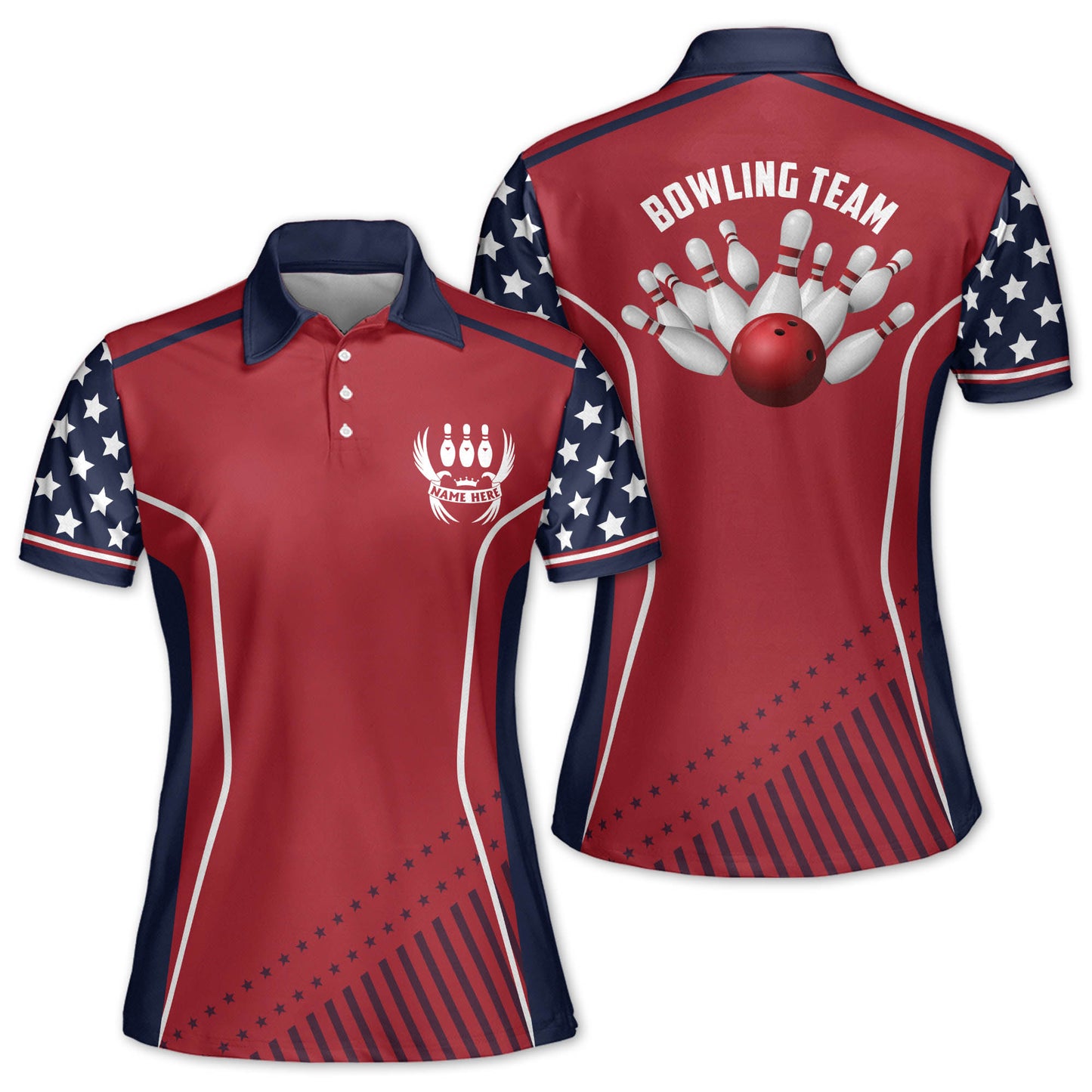 Custom Women's Bowling Shirt, Custom Women Bowling Team Shirts, Custom Red White And Blue Patriotic Bowling Polo Shirts For Women BZ0146