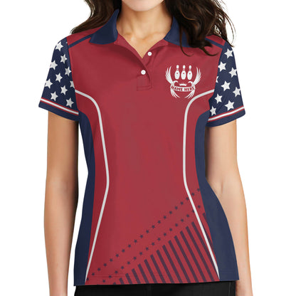 Custom Women's Bowling Shirt, Custom Women Bowling Team Shirts, Custom Red White And Blue Patriotic Bowling Polo Shirts For Women BZ0146