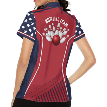 Custom Women's Bowling Shirt, Custom Women Bowling Team Shirts, Custom Red White And Blue Patriotic Bowling Polo Shirts For Women BZ0146