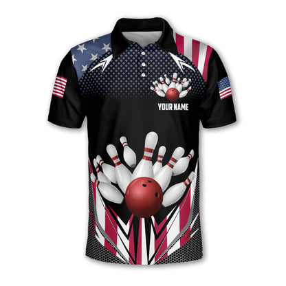 Custom American Flag Bowling Polo Shirt For Men, Custom Patriotic Bowling Team Shirts BZ0147