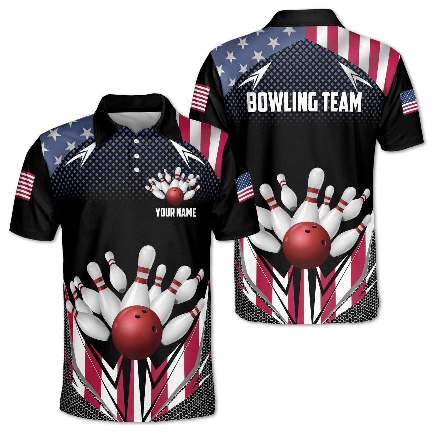 Custom American Flag Bowling Polo Shirt For Men, Custom Patriotic Bowling Team Shirts BZ0147