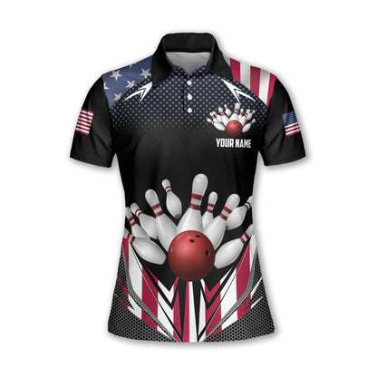 Custom American Flag Bowling Polo Shirt For Women, Custom Women's Patriotic Bowling Team Shirts BW0148