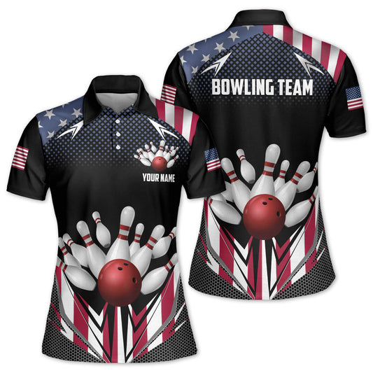 Custom American Flag Bowling Polo Shirt For Women, Custom Women's Patriotic Bowling Team Shirts BW0148