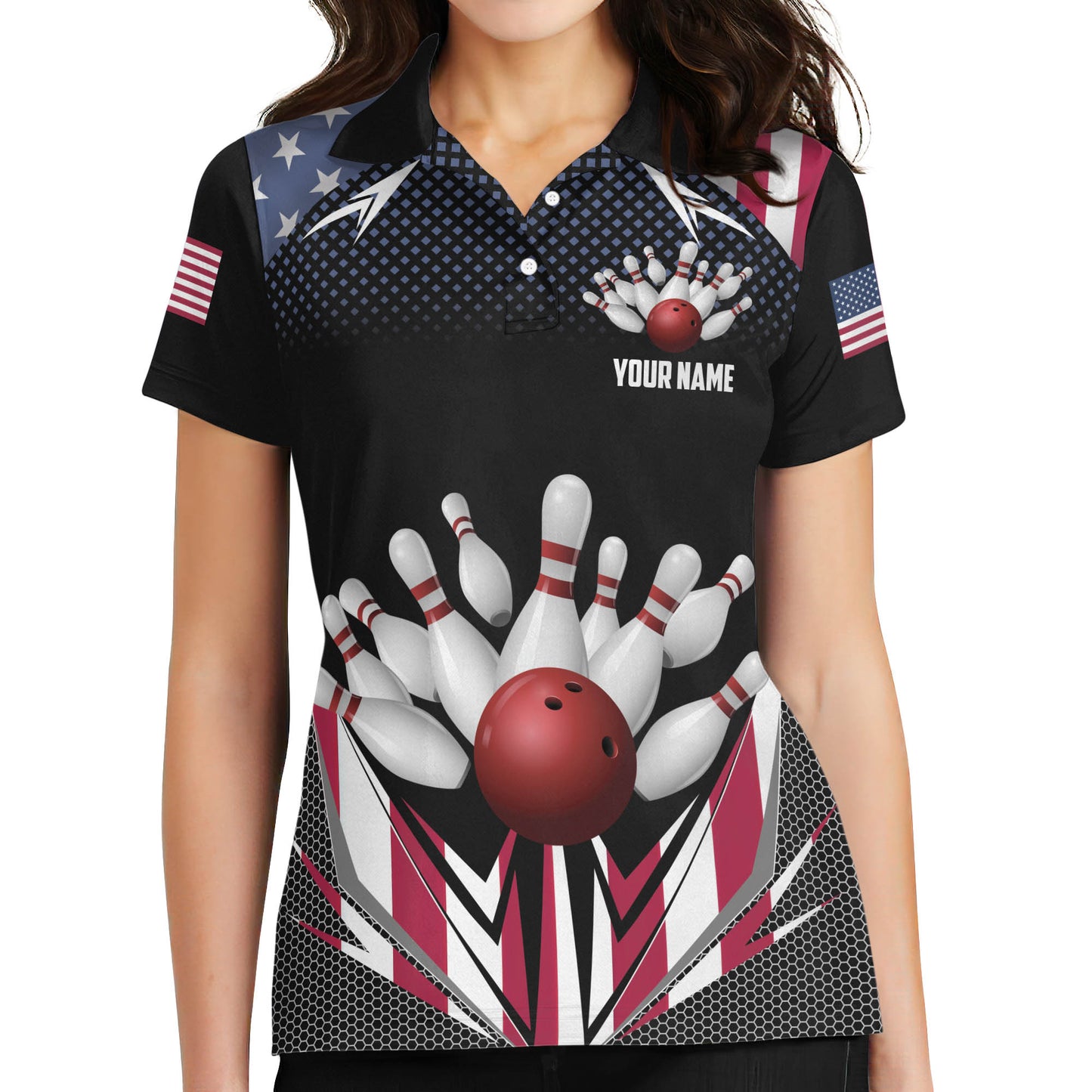 Custom American Flag Bowling Polo Shirt For Women, Custom Women's Patriotic Bowling Team Shirts BW0148