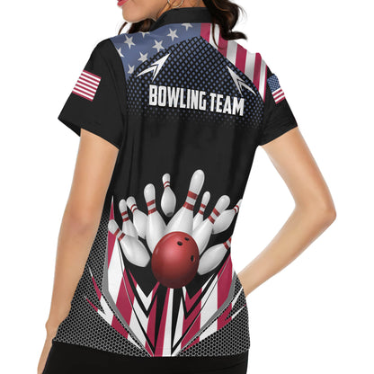 Custom American Flag Bowling Polo Shirt For Women, Custom Women's Patriotic Bowling Team Shirts BW0148