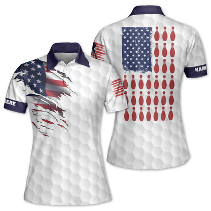 Custom American Flag Bowling Polo Shirt For Women, Custom Women's Patriotic Bowling Shirt BW0154