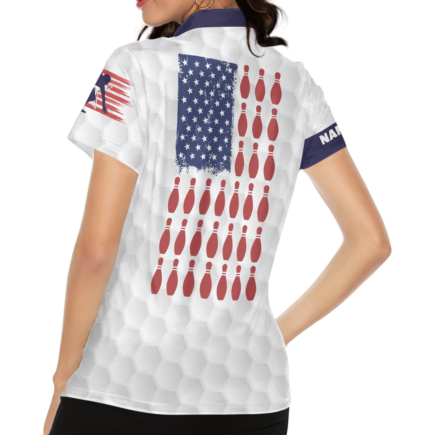 Custom American Flag Bowling Polo Shirt For Women, Custom Women's Patriotic Bowling Shirt BW0154