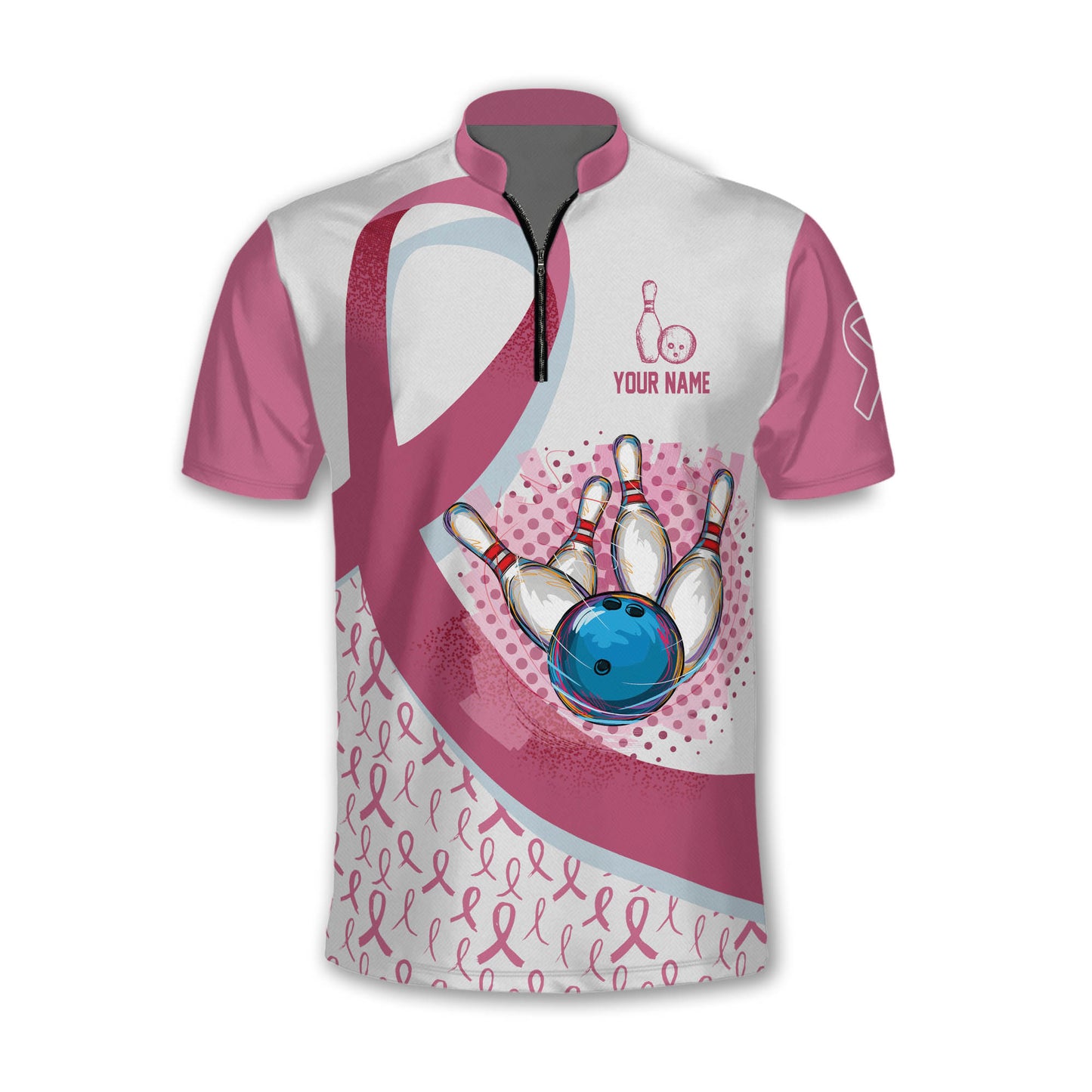 Custom Breast Cancer Bowling Jersey Shirt For Women, Custom White And Pink Breast Cancer Bowling Shirt Women BZ0149