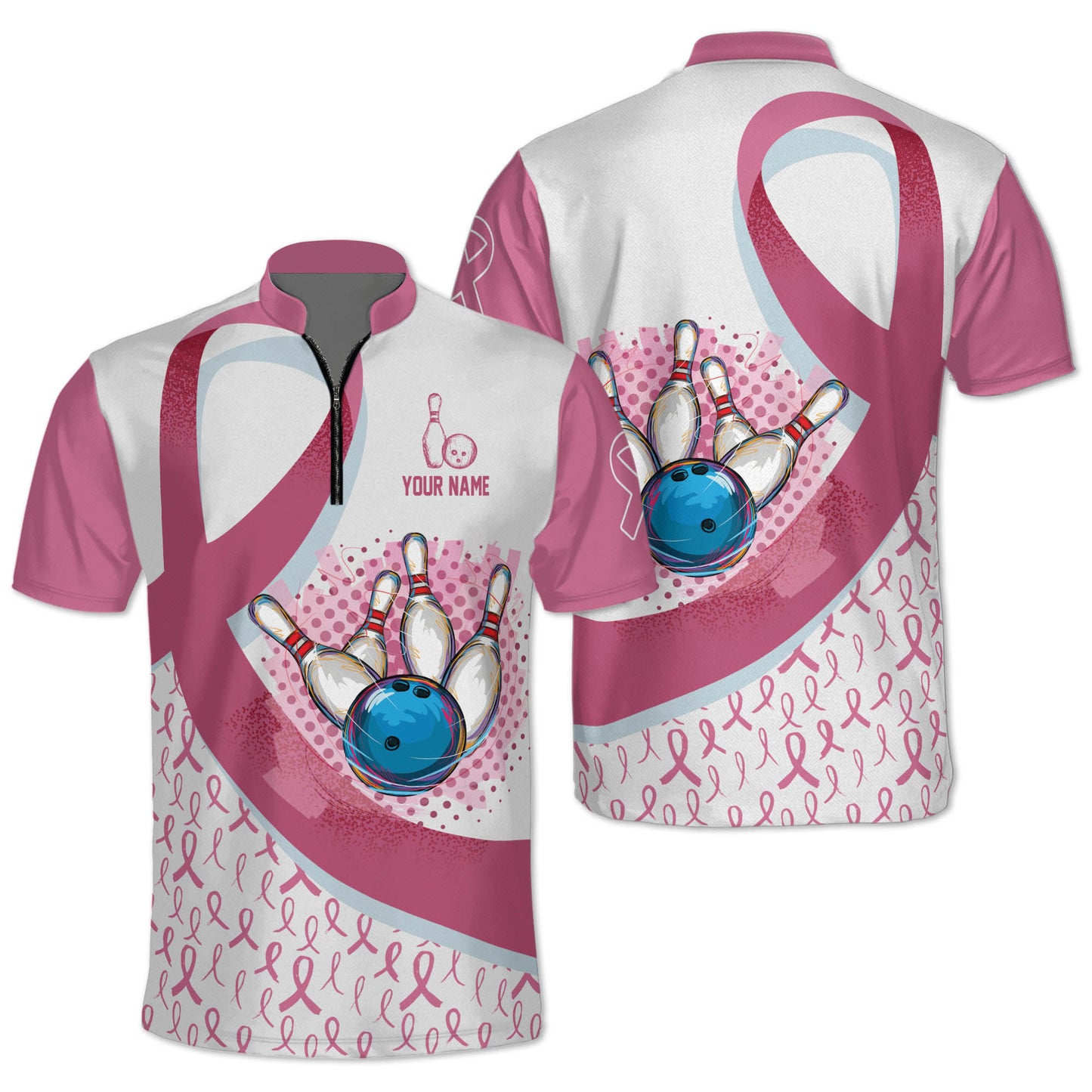 Custom Breast Cancer Bowling Jersey Shirt For Women, Custom White And Pink Breast Cancer Bowling Shirt Women BZ0149