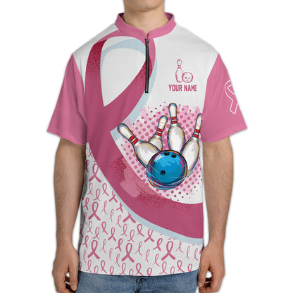 Custom Breast Cancer Bowling Jersey Shirt For Women, Custom White And Pink Breast Cancer Bowling Shirt Women BZ0149