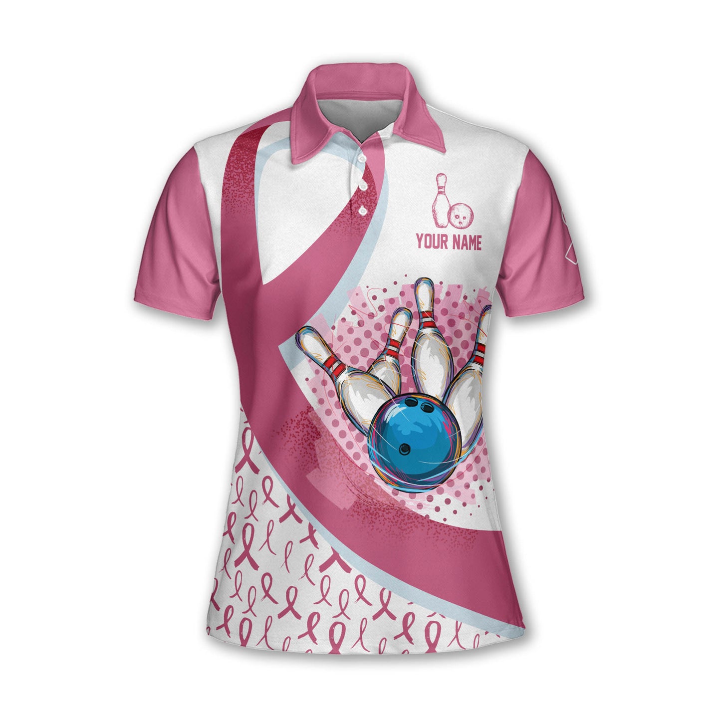 Custom Breast Cancer Bowling Polo Shirt For Women, Custom White And Pink Breast Cancer Bowling Shirt Womens BW0147