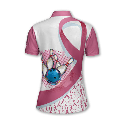 Custom Breast Cancer Bowling Polo Shirt For Women, Custom White And Pink Breast Cancer Bowling Shirt Womens BW0147