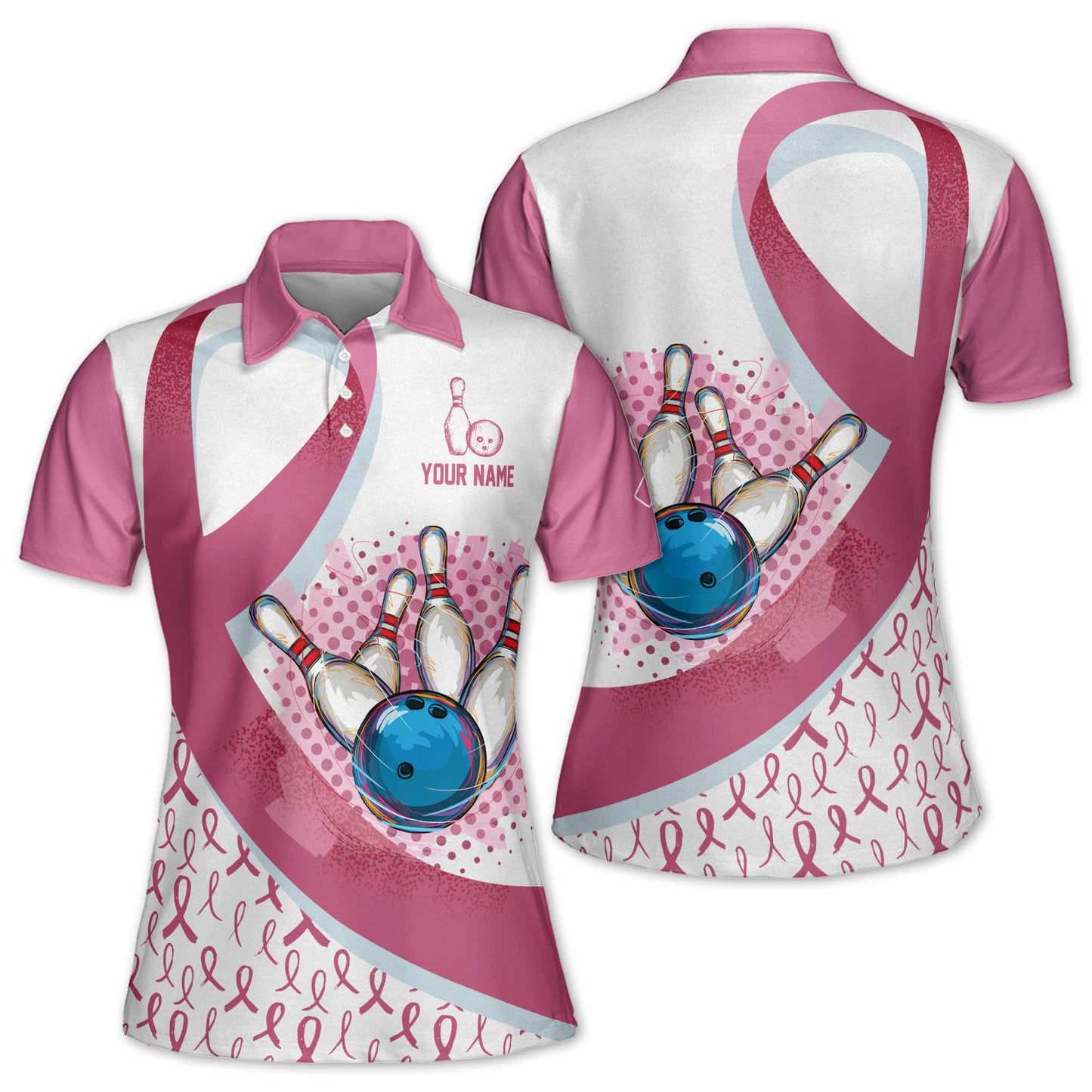 Custom Breast Cancer Bowling Polo Shirt For Women, Custom White And Pink Breast Cancer Bowling Shirt Womens BW0147