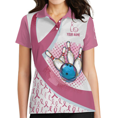 Custom Breast Cancer Bowling Polo Shirt For Women, Custom White And Pink Breast Cancer Bowling Shirt Womens BW0147