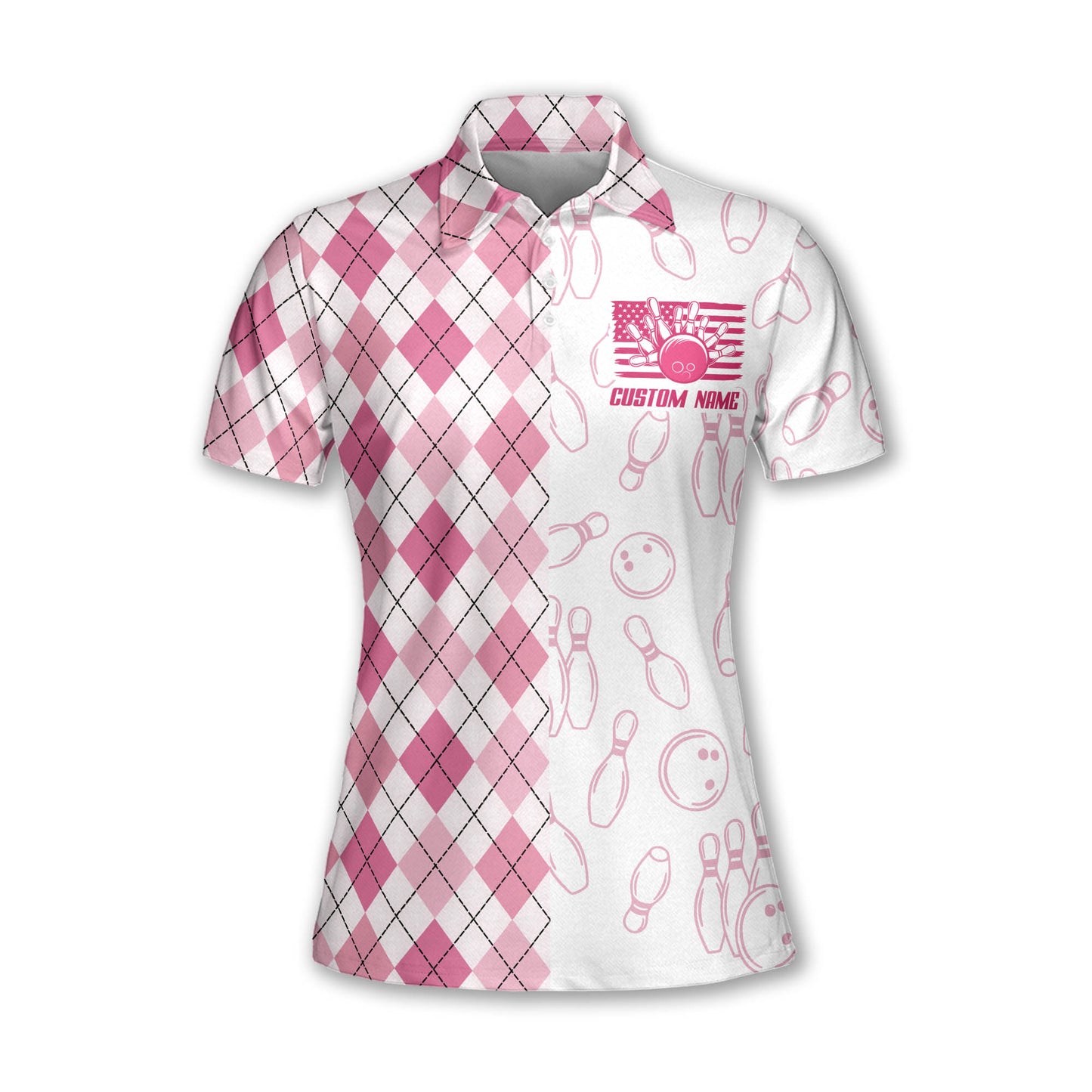 Custom Peace Love Bowling Polo Shirt For Women, Custom White And Pink Argyle Bowling Shirt Ladies BZ0151