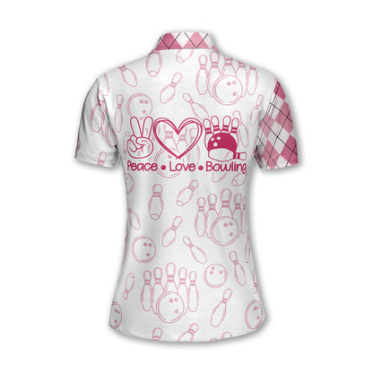 Custom Peace Love Bowling Polo Shirt For Women, Custom White And Pink Argyle Bowling Shirt Ladies BZ0151