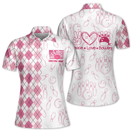 Custom Peace Love Bowling Polo Shirt For Women, Custom White And Pink Argyle Bowling Shirt Ladies BZ0151