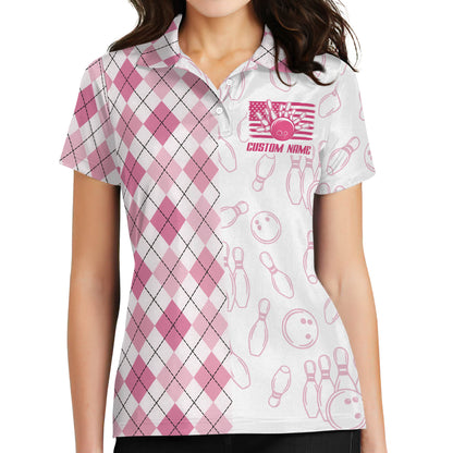 Custom Peace Love Bowling Polo Shirt For Women, Custom White And Pink Argyle Bowling Shirt Ladies BZ0151