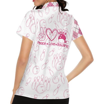 Custom Peace Love Bowling Polo Shirt For Women, Custom White And Pink Argyle Bowling Shirt Ladies BZ0151