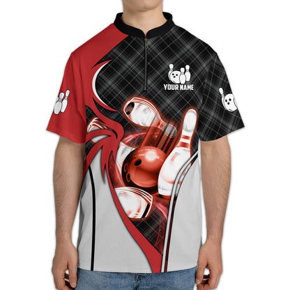 Custom Black And Red Bowling Jersey Shirt For Men, Custom Bowling Shirt BZ0153