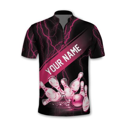 Custom Black And Pink Thunder Bowling Jersey Shirt For Men, Custom Bowling Shirt BZ0154