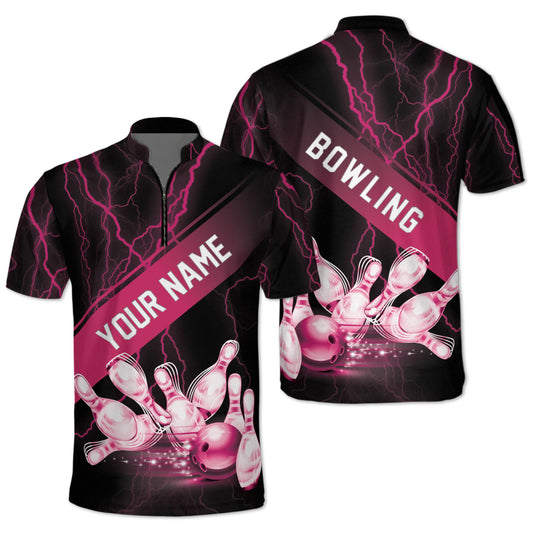 Custom Black And Pink Thunder Bowling Jersey Shirt For Men, Custom Bowling Shirt BZ0154