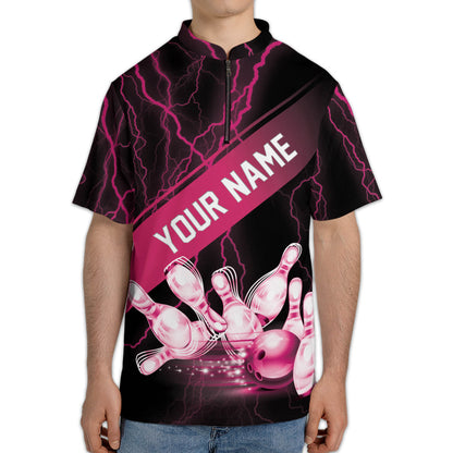 Custom Black And Pink Thunder Bowling Jersey Shirt For Men, Custom Bowling Shirt BZ0154