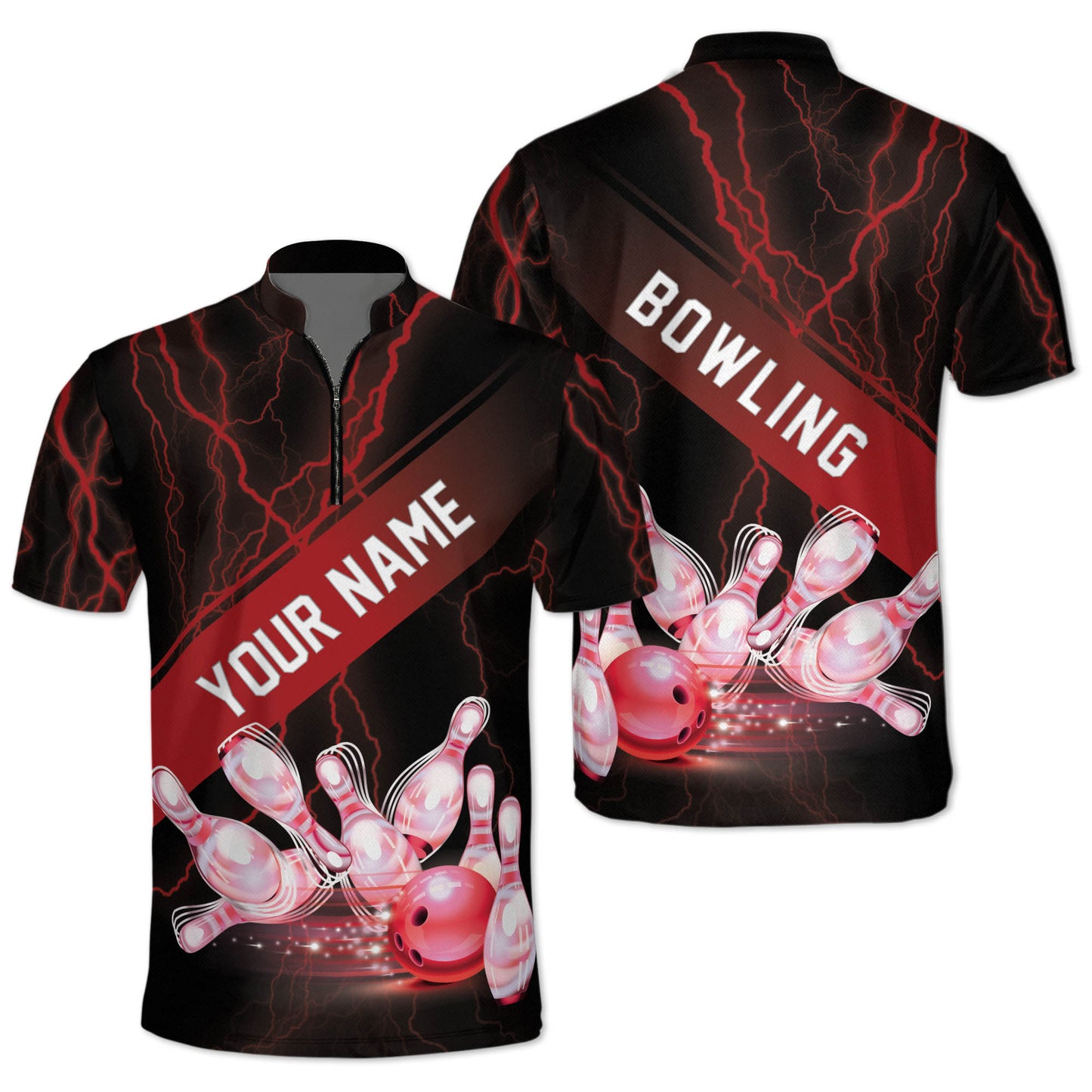 Custom Black And Pink Thunder Bowling Jersey Shirt For Men, Custom Bowling Shirt BZ0154