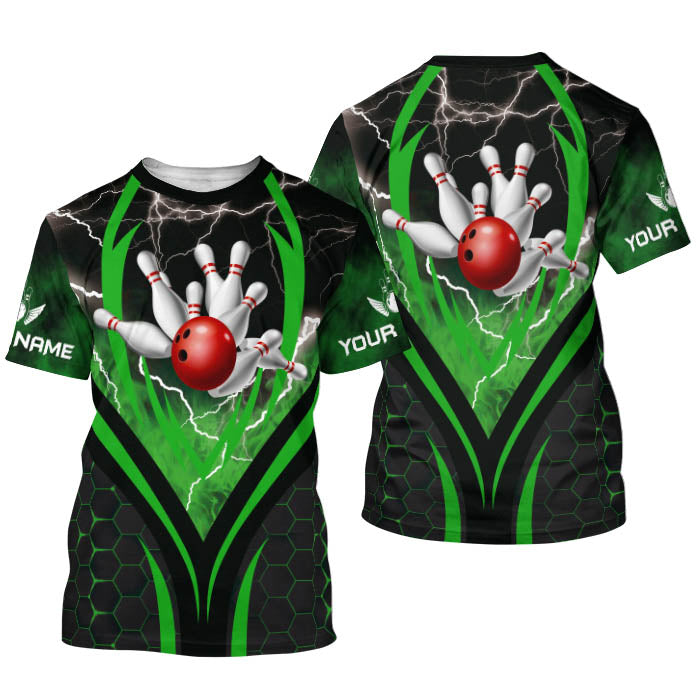 Custom Black And Green Thunder Bowling T Shirt For Men, Custom Bowling Shirt BZ0155