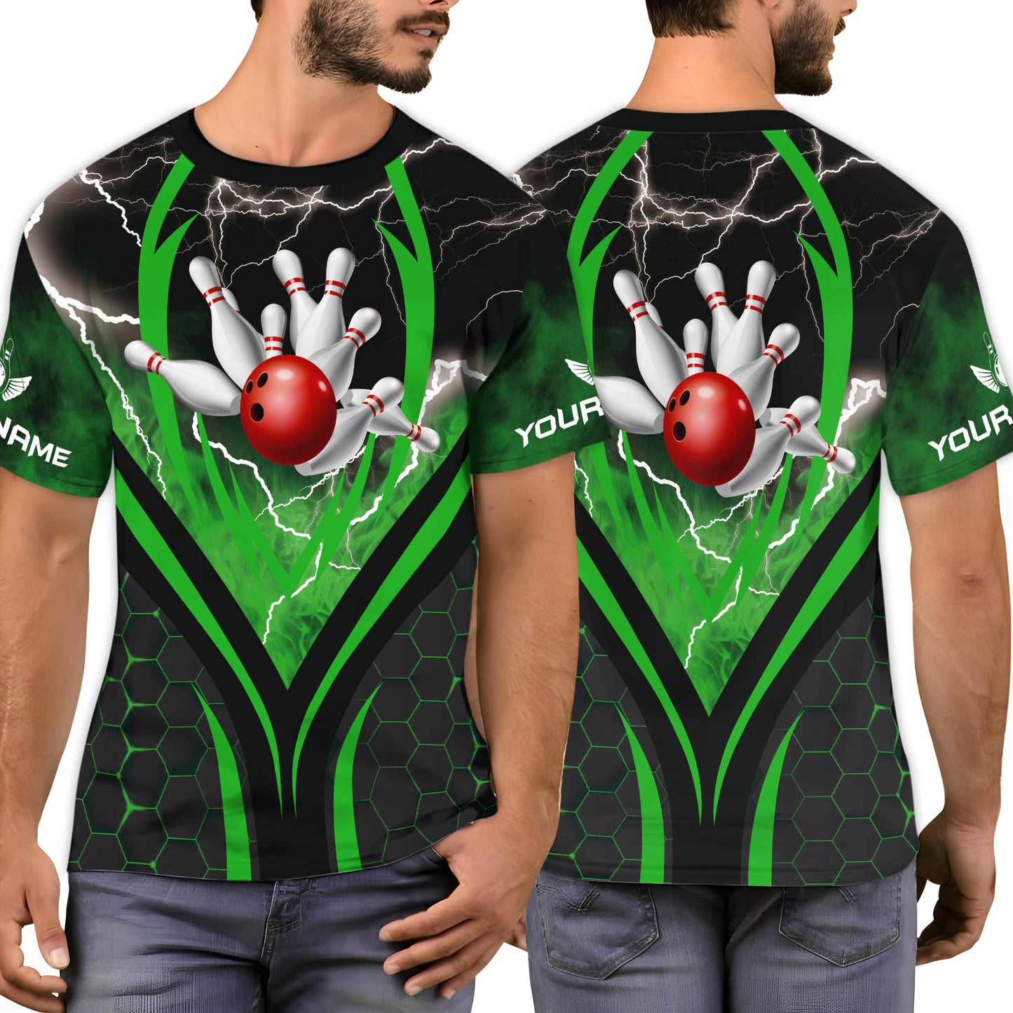 Custom Black And Green Thunder Bowling T Shirt For Men, Custom Bowling Shirt BZ0155