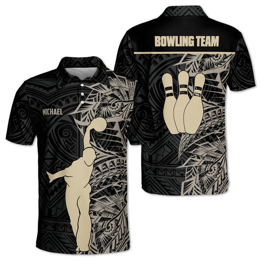 Custom Black And Gold Team Bowling Polo Shirt For Men, Custom Team Tribal Bowling Shirt BZ0169